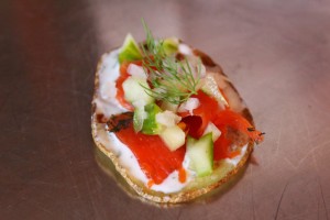 Salmon Appetizers with Cucumber, Red Onion, Dill and Creme Fraiche